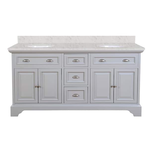 Sadie 67 in. Double Sink Gray Bath Vanity with Lightly Veined White Marble Top (Assembled)