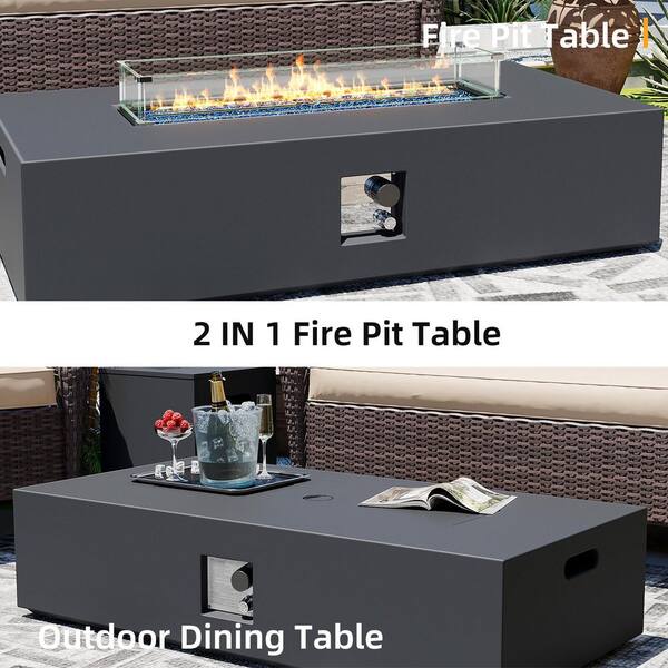 56 in. Rectangular Magnesium Oxide Outdoor Gas Fire Pit Table with Tank Cover and Wind Guard in Dark Gray