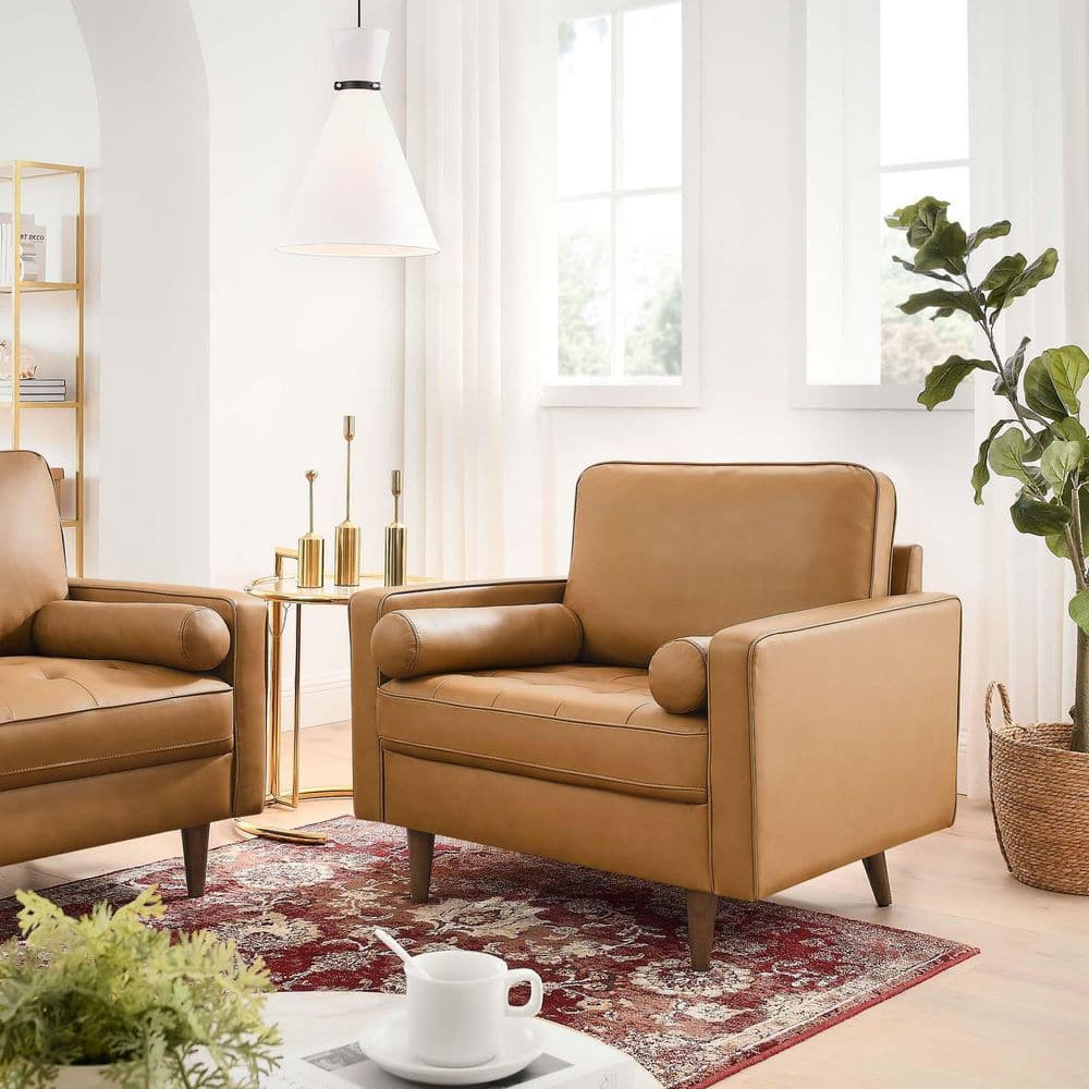 Valour Tan Top Grain Leather & Walnut Wood Accent Chair