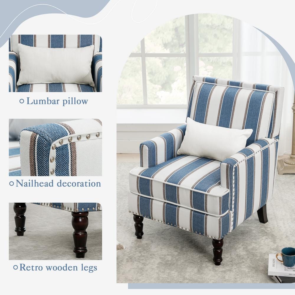Details of the lumbar pillow, nailhead trim, and wooden legs.