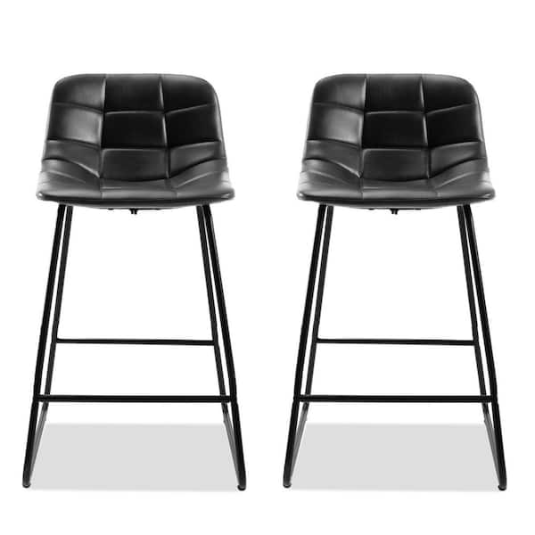 LUE BONA 33.07 in. Black Mid Century Modern Low Back Metal Frame Faux Leather Counter Stools (Set of 2)