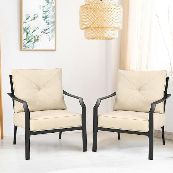Cushioned Metal Outdoor Patio Dining Chair Set with Padded Cushions Armrest Steel Frame (2-Pack)