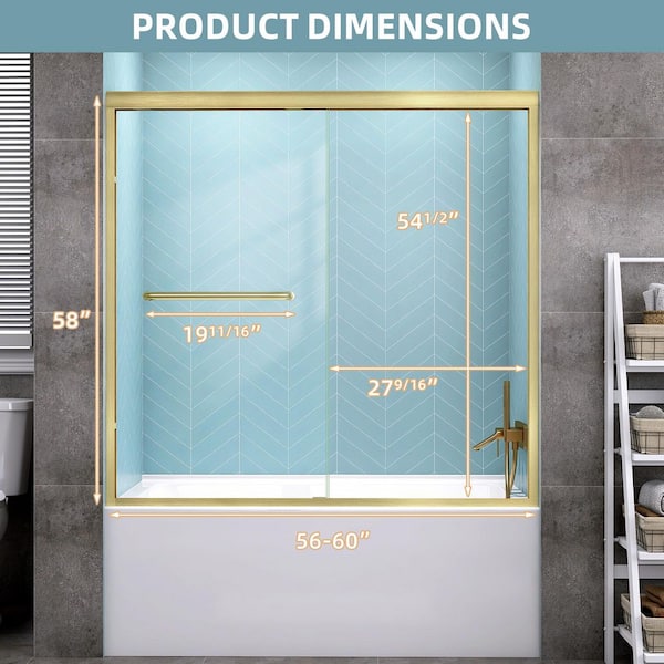 56 in.-60 in. W x 58 in. H Semi-Frameless Double Sliding Tub Door Alcove Bathtub Door in Brushed Gold with Clear Glass