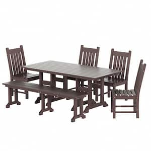 Hayes 6-Piece All Weather HDPE Plastic Rectangle Table Outdoor Patio Dining Set with Bench in Dark Brown