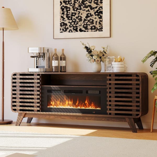 70 in. Freestanding Electric Fireplace TV Stand with Infra Red Remote Control in Brown