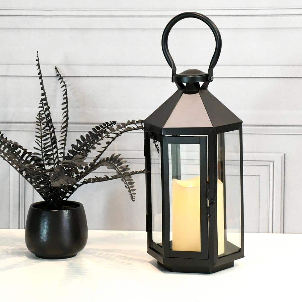 Black Hexagon Metal Lantern with Amber LED Candle