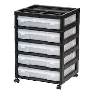 5 Drawers Plastic Scrapbook Rolling Storage Cart with Organizer Top and Casters, Black