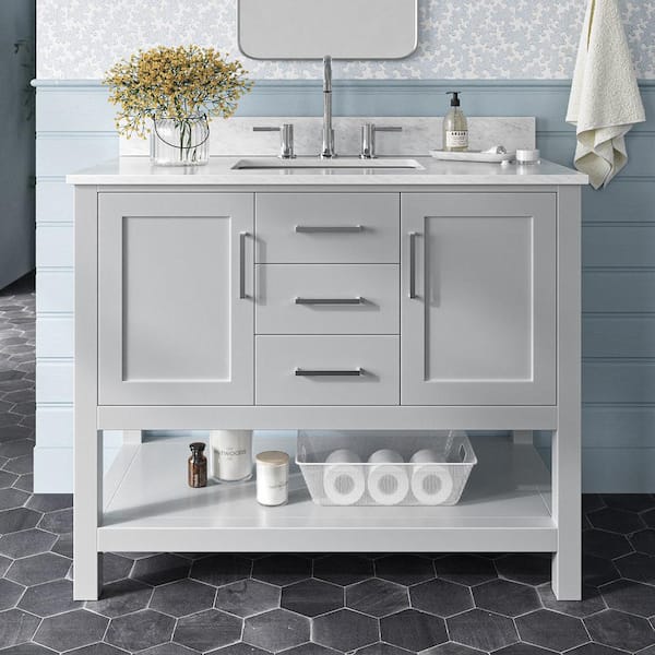 ARIEL Bayhill 43 in. W x 22 in. D x 35.25 in. H Freestanding Bath Vanity in Grey with Carrara White Marble Top