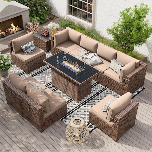 Poteban 10-Piece Brown Wicker Outdoor Sectional Set with Fire Pit Table, Coffee Table and Khaki Cushions