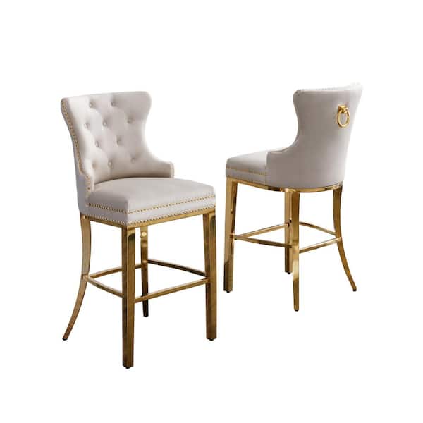 Best Quality Furniture Ashley 29in. H Cream Velvet Upholstered Full Back Metal Frame Barstool with Gold Stainless Steet Legs (Set of 2)