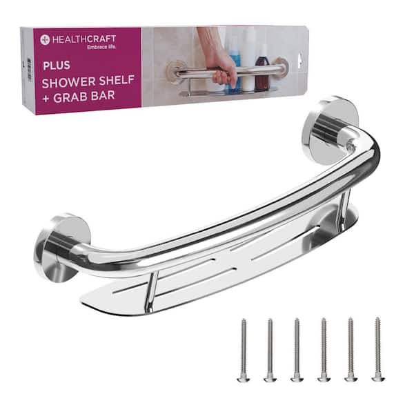 HEALTHCRAFT Plus, 16in. Concealed Screw Grab Bar And Shampoo Shelf, 2-In-1 Decorative Grab Bar ADA Compliant in Polished Chrome