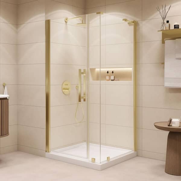 OVE Decors Pasadena 36 in. L x 36 in. W x 72.01 in. H Corner Shower Kit with Pivot Frameless Door in Brushed Gold and Shower Pan