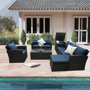 6-Piece Wicker Patio Conversation Set with Navy Blue Cushions