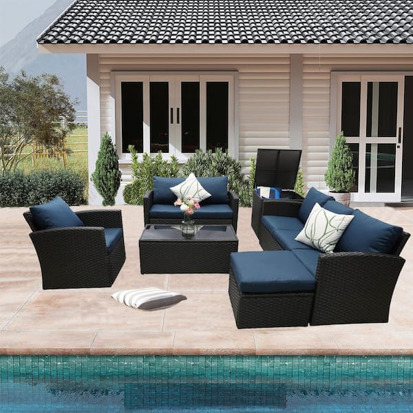 SUNVIVI 6Piece Wicker Patio Conversation Set with Navy Blue Cushions