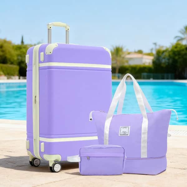 3-Piece Purple ABS Hardshell Double Spinner 28in. Luggage Set with an Expandable Travel Duffel Bag, a Toiletry Bag