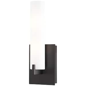 Tube 4.75 in. 2-Light Coal Black Wall Sconce with Etched White Glass Shade