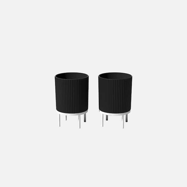 Demi 16 in. Raised with Stand Round Black Plastic Planter with White Stand (2 Pack)