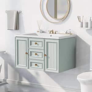 30 in. W x 18 in. D x 19 in. H Single Sink Floating Bath Vanity in Green with White Ceramic Top