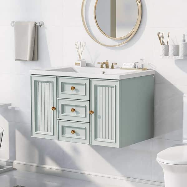 FAMYYT 30 in. W x 18 in. D x 19 in. H Single Sink Floating Bath Vanity in Green with White Ceramic Top