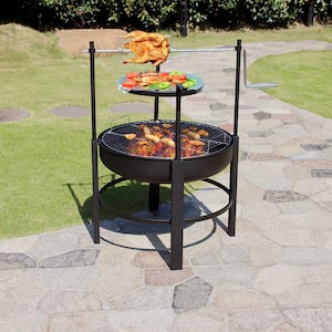 Outdoor Round Metal Charcoal Grill in Black with 2 Grill, Wood Burning, Surrounding Removable for Camping, Bonfire
