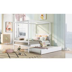White Full Size Canopy Platform Bed with Trundle, With Slat Support Leg