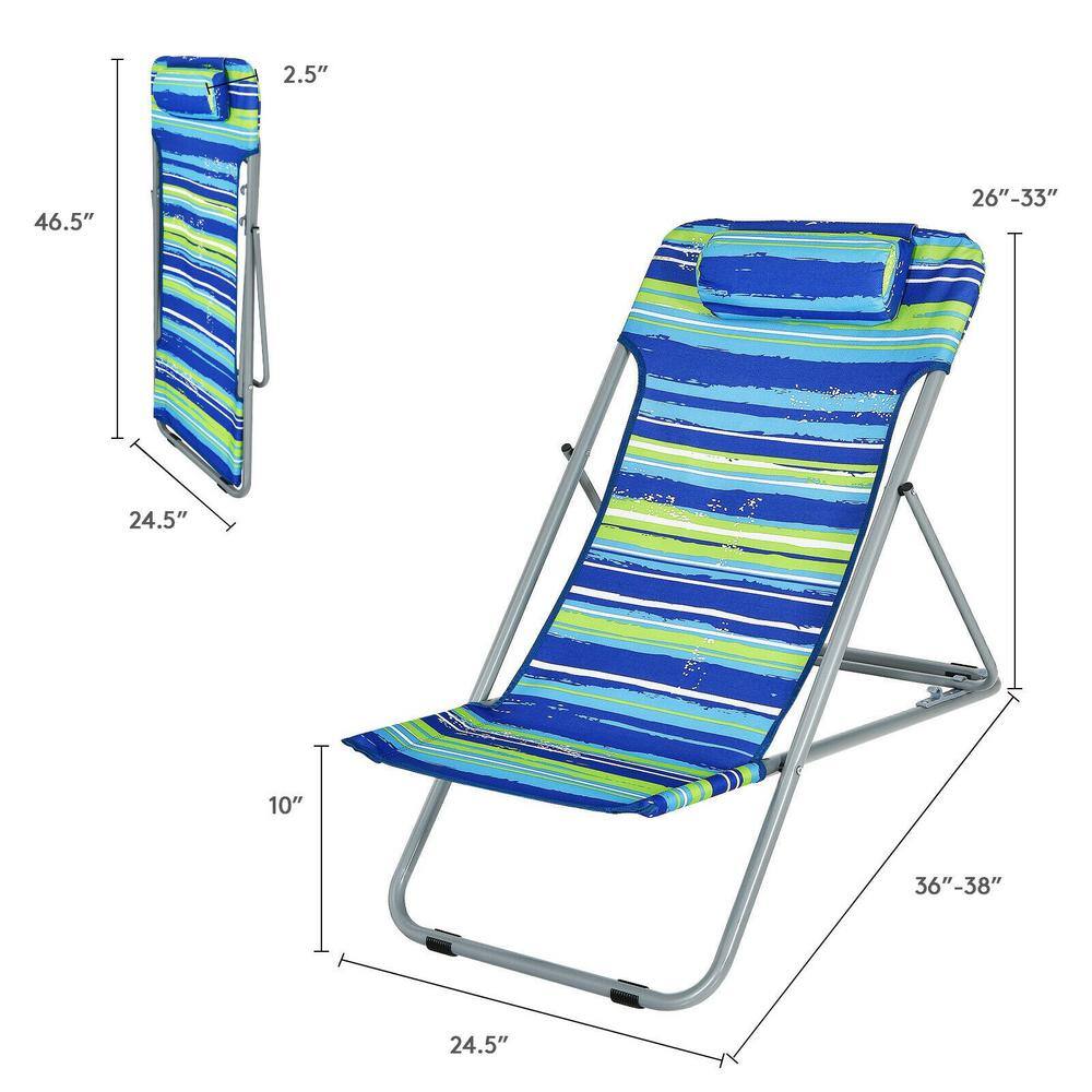 Blue Striped Folding Armless Camping Beach Chairs with Headrest, Set of 2