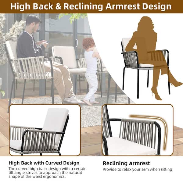 Outdoor Dining Chair Set of 4, All-Weather Rope and Rattan Woven Chairs, with Cushions for Patio, Backyard, Poolside