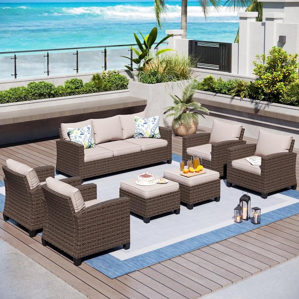 Brown Rattan Wicker 9 Seat 7-Piece Steel Outdoor Patio Conversation Set with Beige Cushions and 2 Ottomans