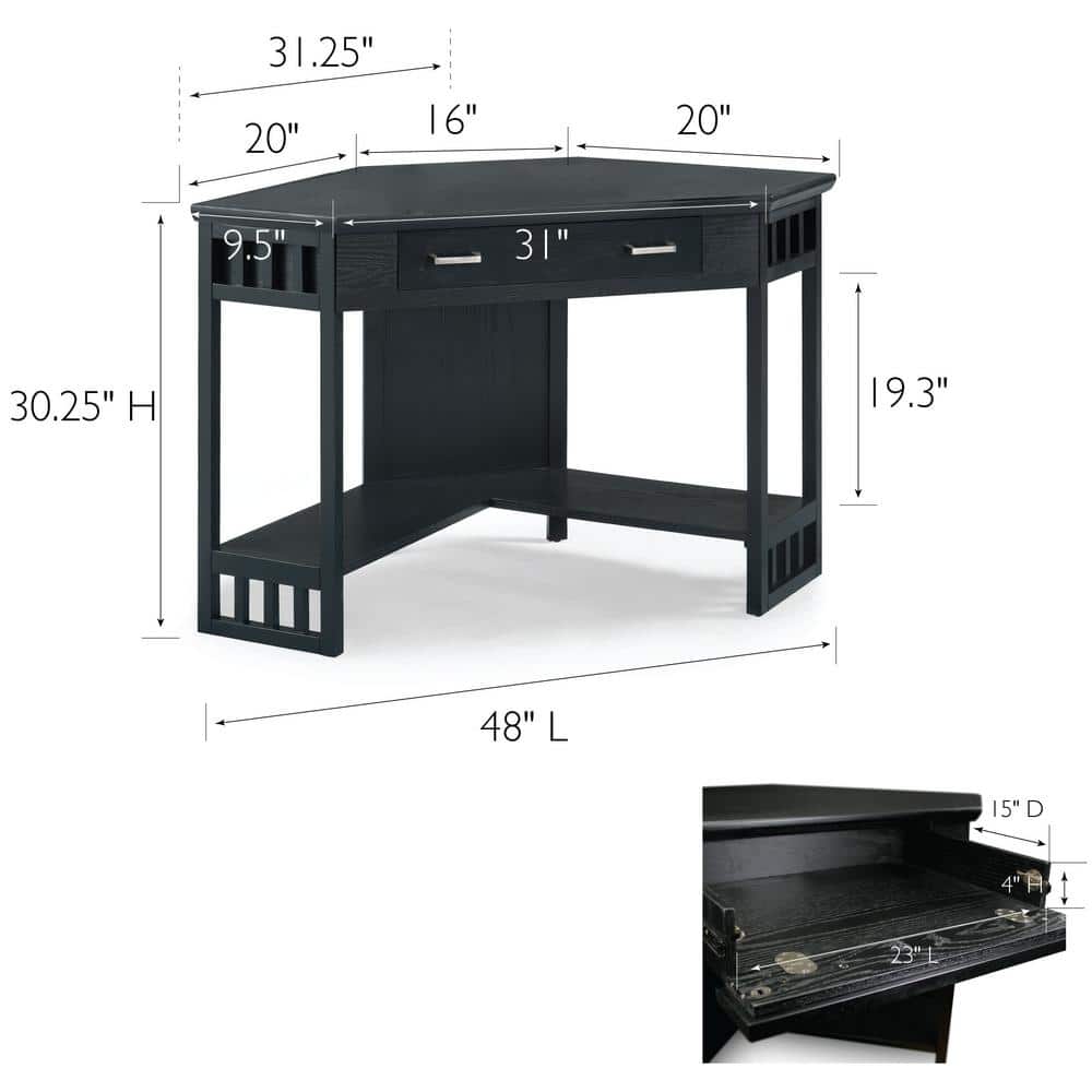 Elegant Black Oak Corner Writing Desk with Drawer and Keyboard Tray