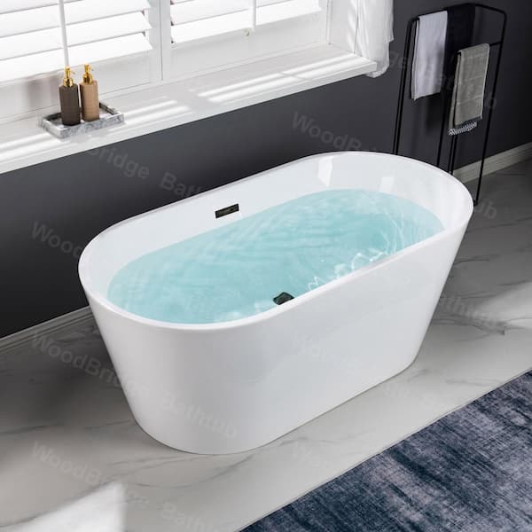 Municipality 54 in. Acrylic FlatBottom Double Ended Bathtub with Matte Black Overflow and Drain Included in White
