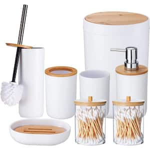 Bathroom Accessories Set (8--Pieces White Bamboo Cover)
