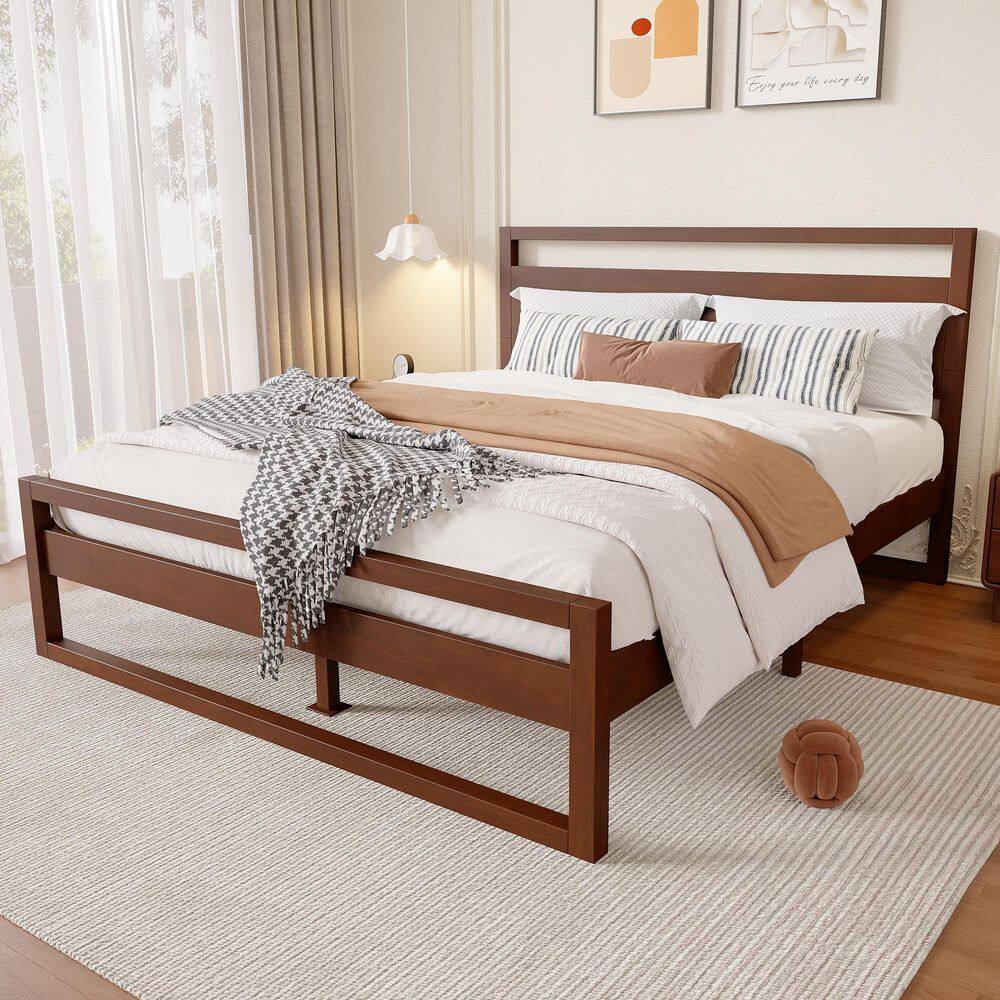 Cheryiie Modern Walnut Brown Solid Wood Frame Queen Size Platform Bed with Headboard