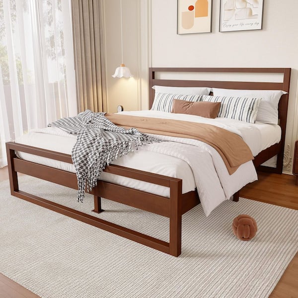 Cheryiie Modern Walnut Brown Solid Wood Frame Queen Size Platform Bed with Headboard
