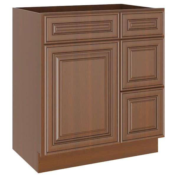 HOMEIBRO 30 in. W x 21 in. D x 34.5 in. H Plywood Ready to Assemble Bath Vanity Cabinet without Top 3-Drawers in Cameo Scotch