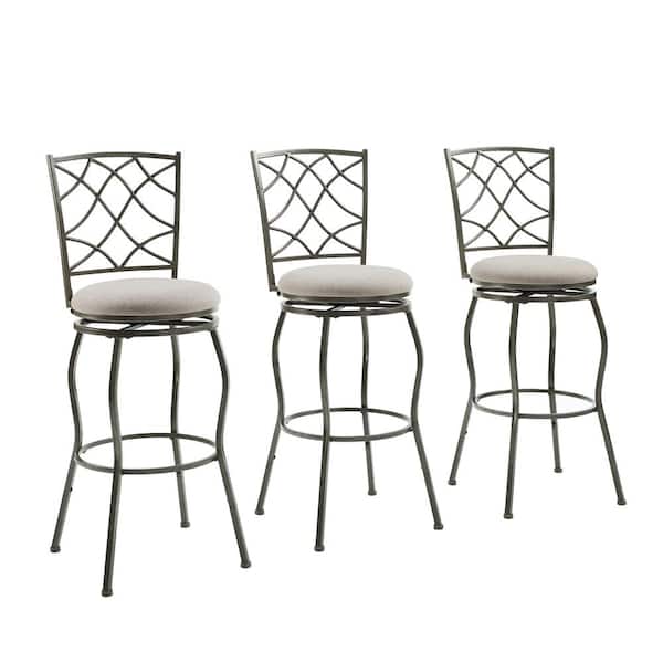 Linon Home Decor Cliff 24-30 in. Adjustable Pewter Gray Metal Swivel High Back Bar Stools with Fabric Seat Set of 3