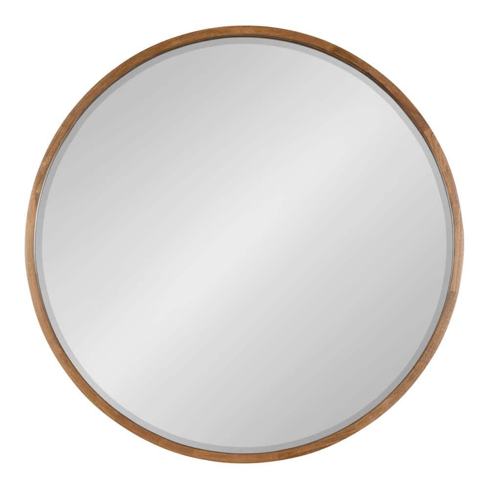 34" Round Walnut Wood Bathroom Vanity Mirror
