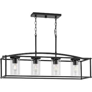 Swansea Collection 4-Light 36 in. Matte Black Transitional Outdoor Chandelier with Clear Glass Shades