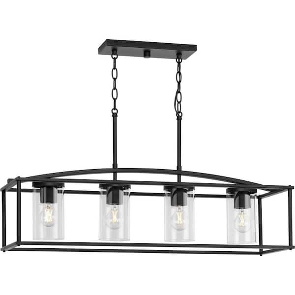 Progress Lighting Swansea Collection 4-Light 36 in. Matte Black Transitional Outdoor Chandelier with Clear Glass Shades