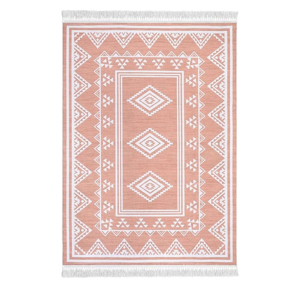 Tassel Printed Carpet Washable Area Rug Soft Non-Slip Bohemian Style Carpet for Bedroom Living Room Office Pink，4X6ft