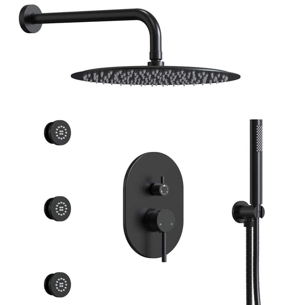 Matte Black 12" Ceiling Mounted Rainfall Shower System with Jets