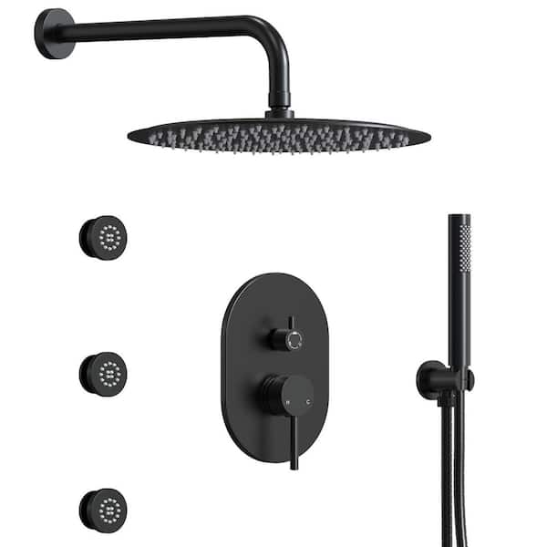 EVERSTEIN 3-in-1 3-Spray Shower System With Rainfall Shower Head, and 3 Massage Body Jets in Matte Black