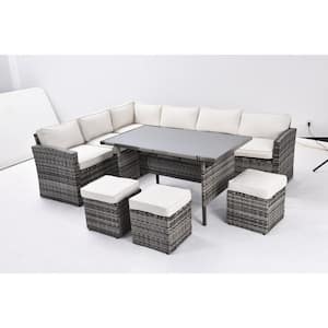 Gray 7-Piece Wicker Patio Conversation Sectional Seating Set with Beige Removable Cushions, Coffee Table and Ottomans