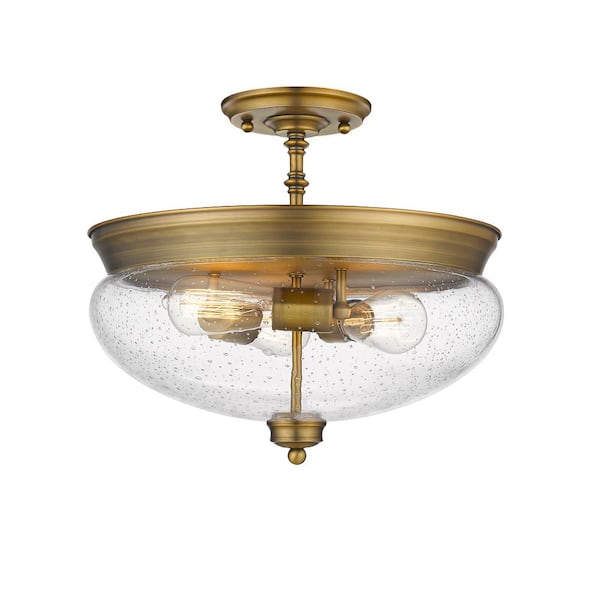 Unbranded Amon 15 in. 3-Light Heritage Brass Semi-Flush Mount with Clear Seedy Shade