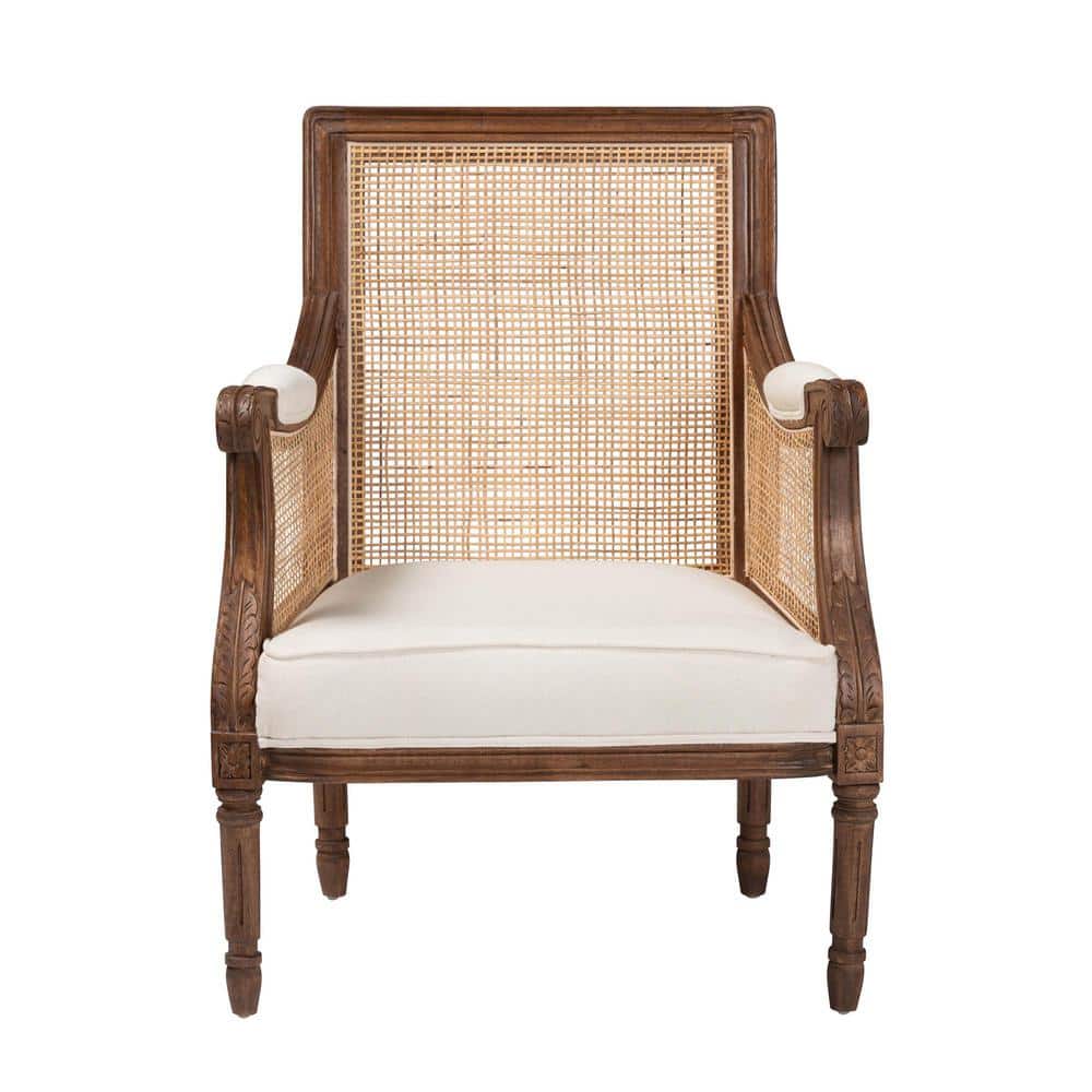 Beige Fabric and Walnut Wood Swoop Arm Accent Chair