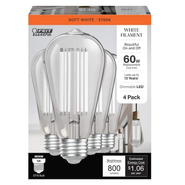Feit Electric 60-Watt Equivalent ST19 Dimmable White Filament Clear Glass E26 Vintage Edison LED Light Bulb, Soft White 2700K (4-Pack)