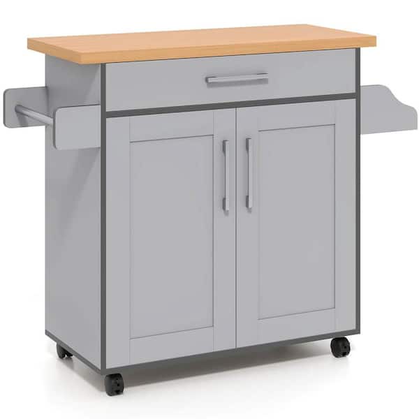 Costway Rolling Kitchen Gray Island Cart Storage Cabinet with Towel and Spice Rack