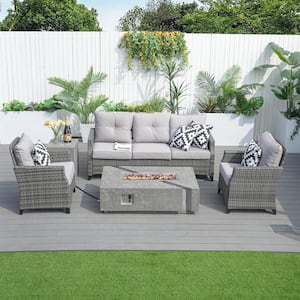 5-Piece Wicker Patio Fire Pit Set with Gray Cushions