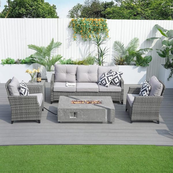 moda furnishings 5-Piece Wicker Patio Fire Pit Set with Gray Cushions
