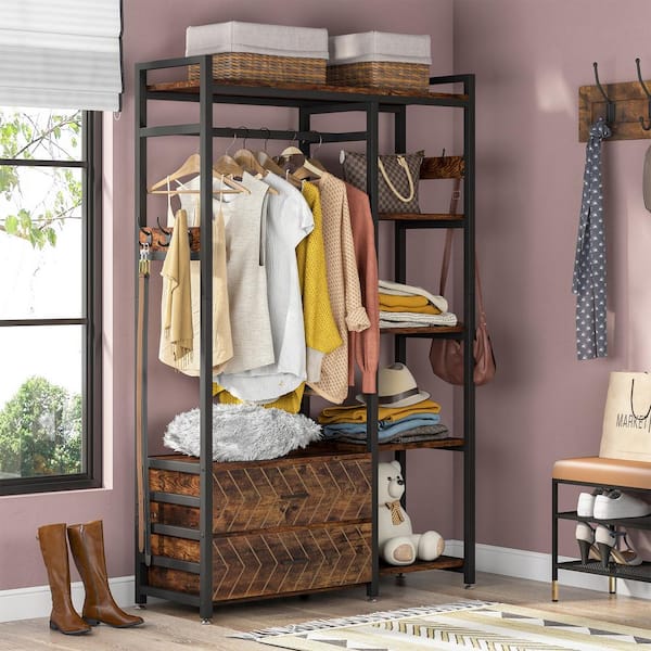 BYBLIGHT Carmalita Brown Freestanding Closet Organizer, Clothes Rack with Drawers and Shelf, Garment Rack Wardrobe Storage Closet