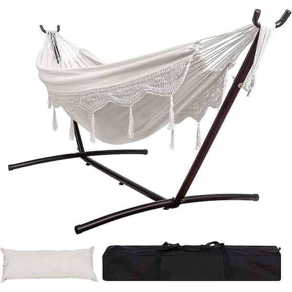 Unbranded 9 ft. 2-Person Hammock with Steel Stand Includes Portable Carrying Case, 450 lbs. Capacity ( Natural With Tassel)